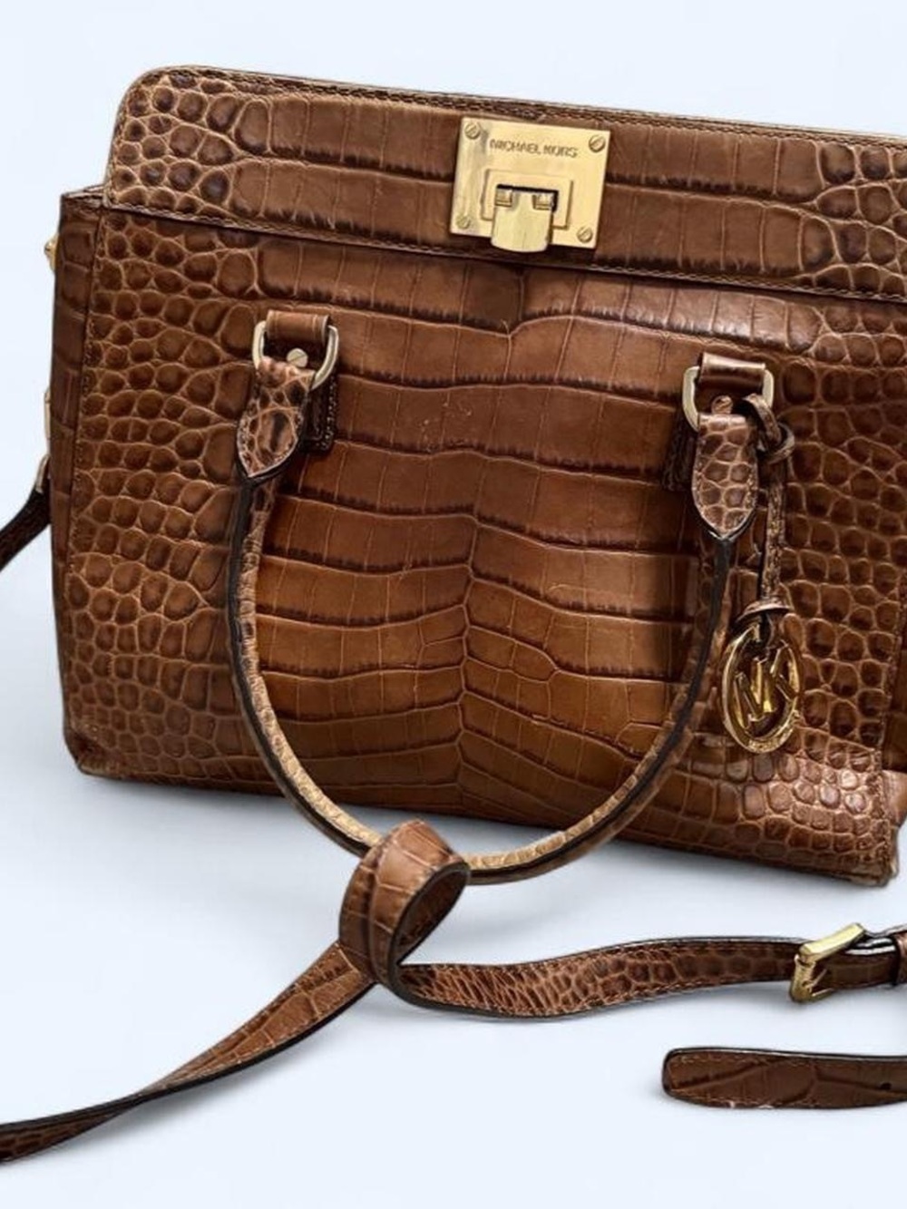 Michael Kors Brown Croc-Embossed Leather Satchel with Gold Hardware